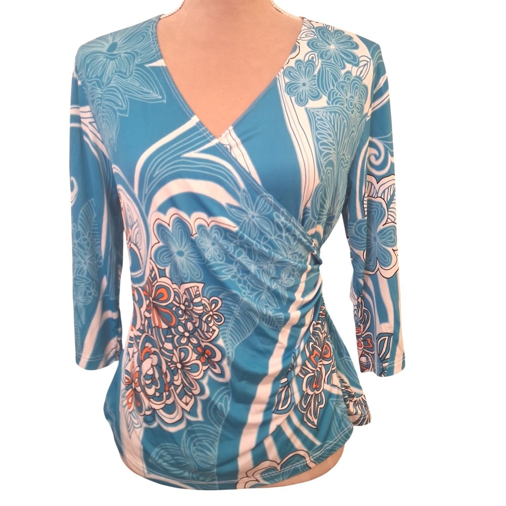 Caribe USA Blue Floral Faux Wrap V-Neck Top with 3/4 Sleeves Lightweight Stretch